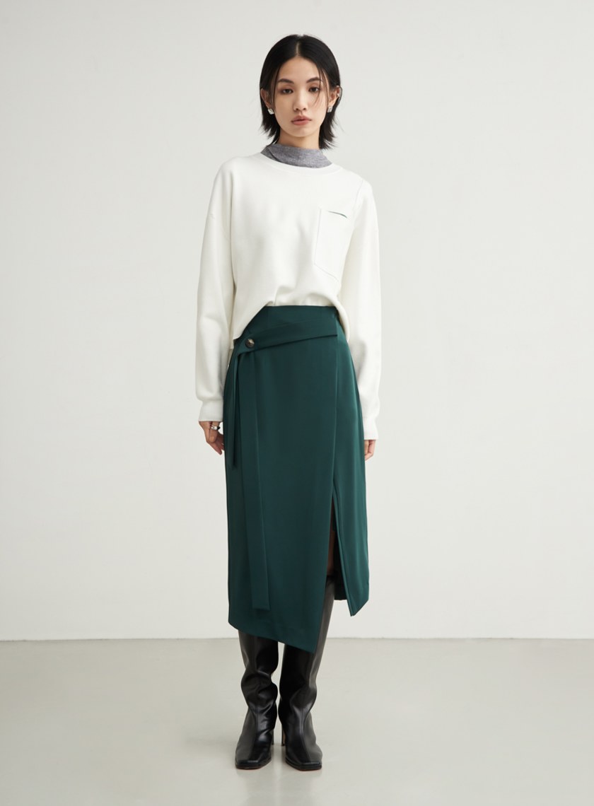 不對稱光澤感綁帶直筒裙